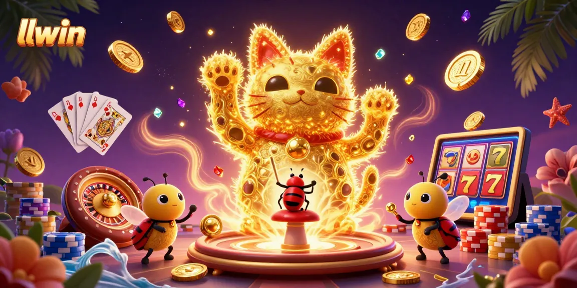 Experience llwin's magical casino atmosphere with a lucky cat and vibrant game elements.