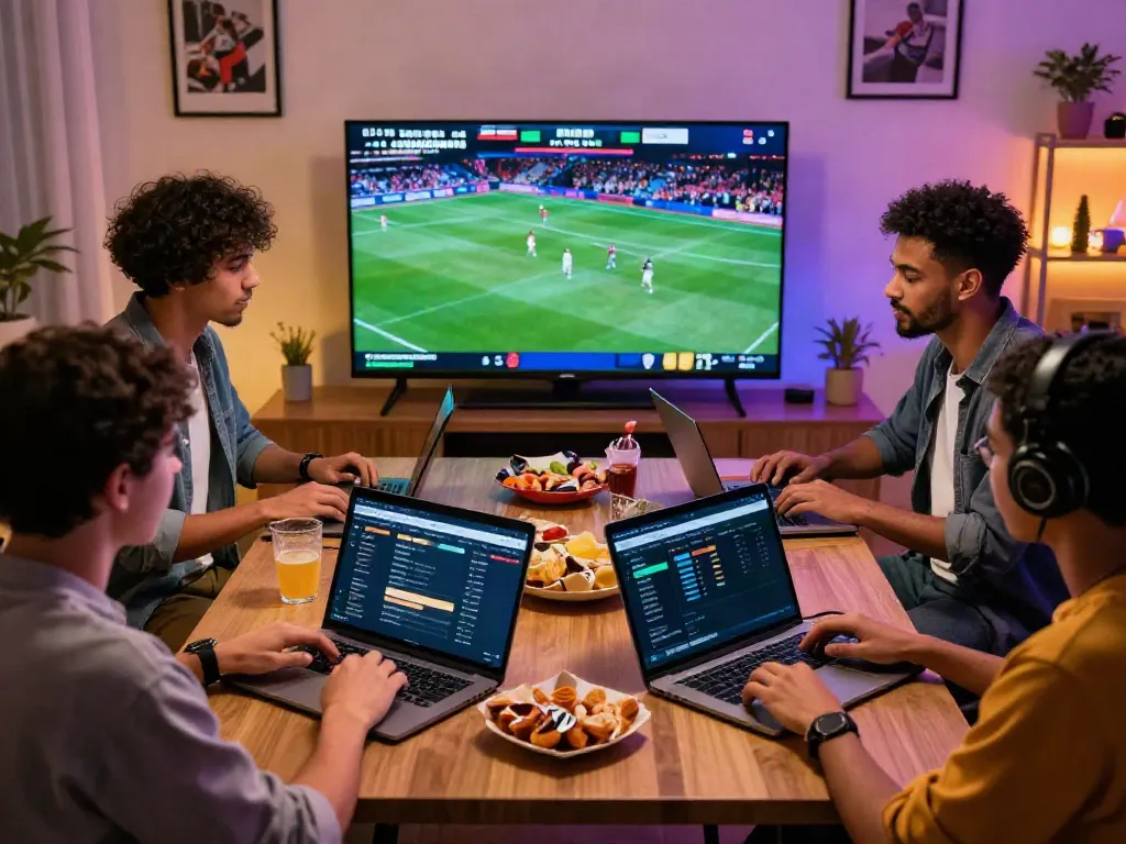 Friends excitedly engaging with betting sites not on GamStop while watching live sports.