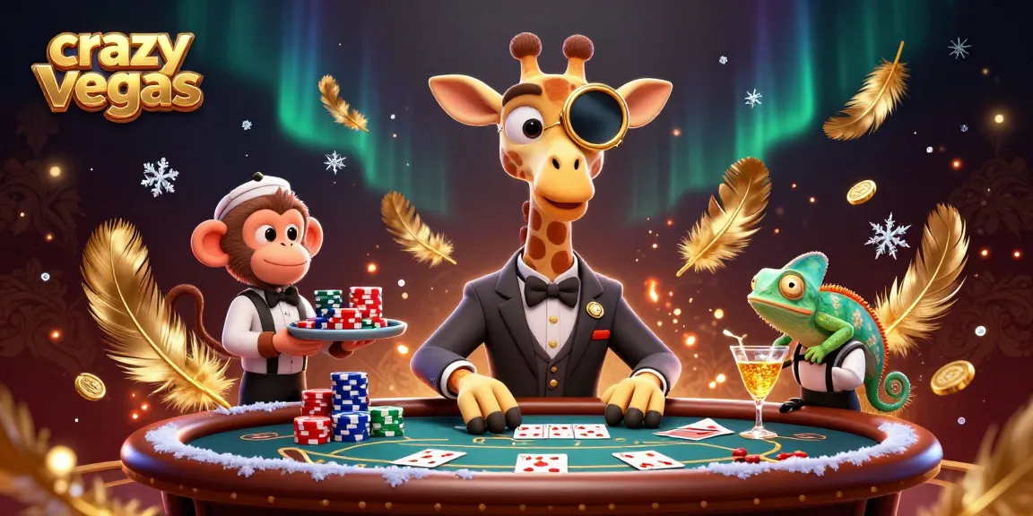 Experience crazyvegas as a high-roller giraffe enjoys poker at a vibrant casino scene.