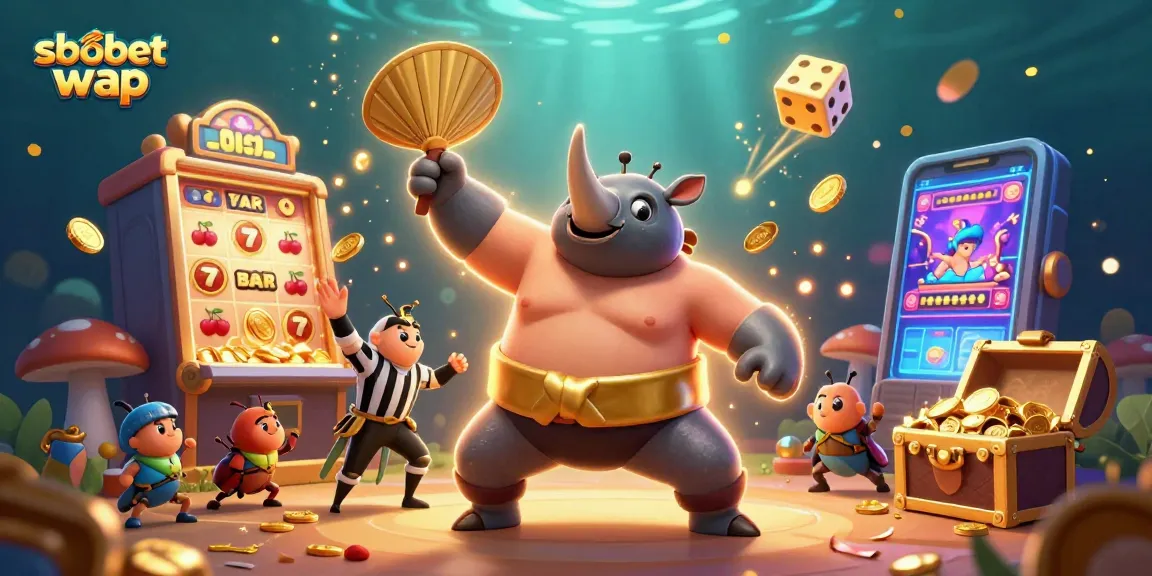 Experience thrilling sbobet wap gaming with a powerful beetle champion and golden coins flying in this vibrant illustration.