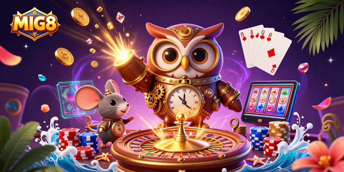 MIG8 captivates players with a dynamic casino scene featuring a time-traveling owl and rich games elements.