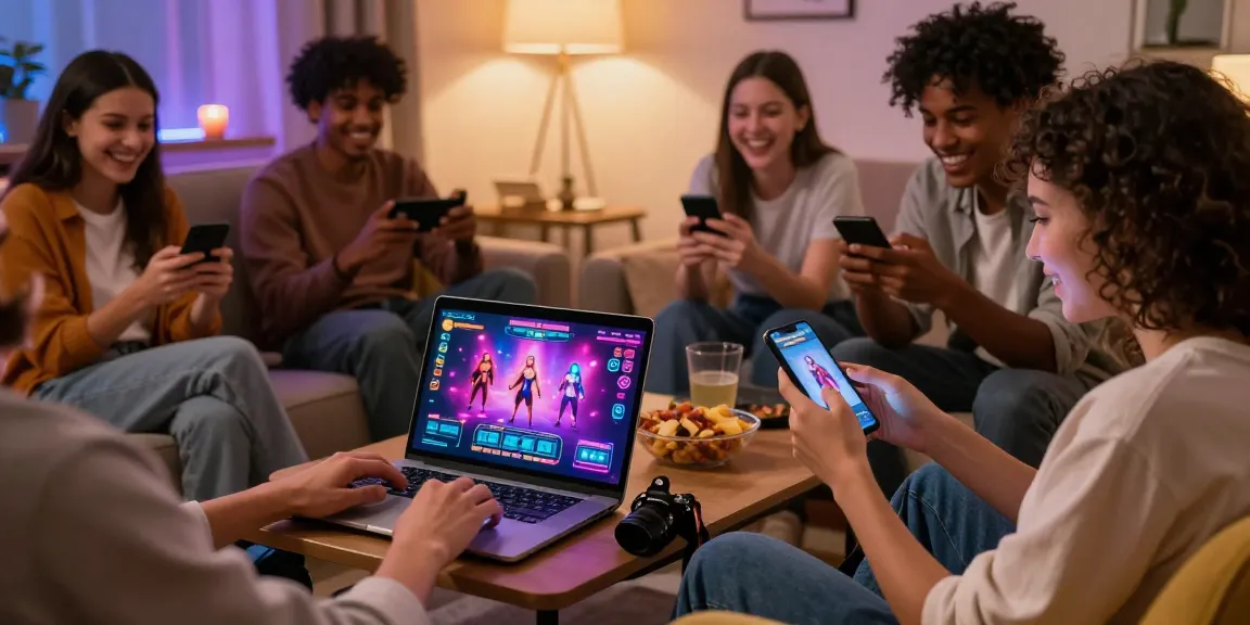 Young adults enjoying engaging online porn games in a cozy living room.