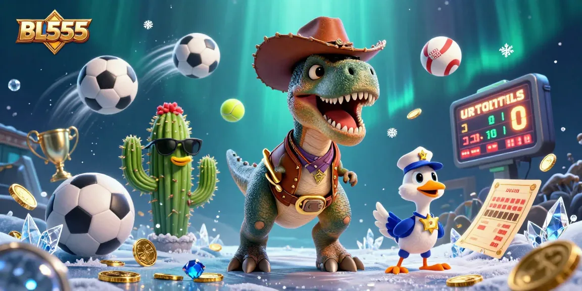 Experience thrilling games at BL555 with a colorful 3D dinosaur-themed casino illustration.