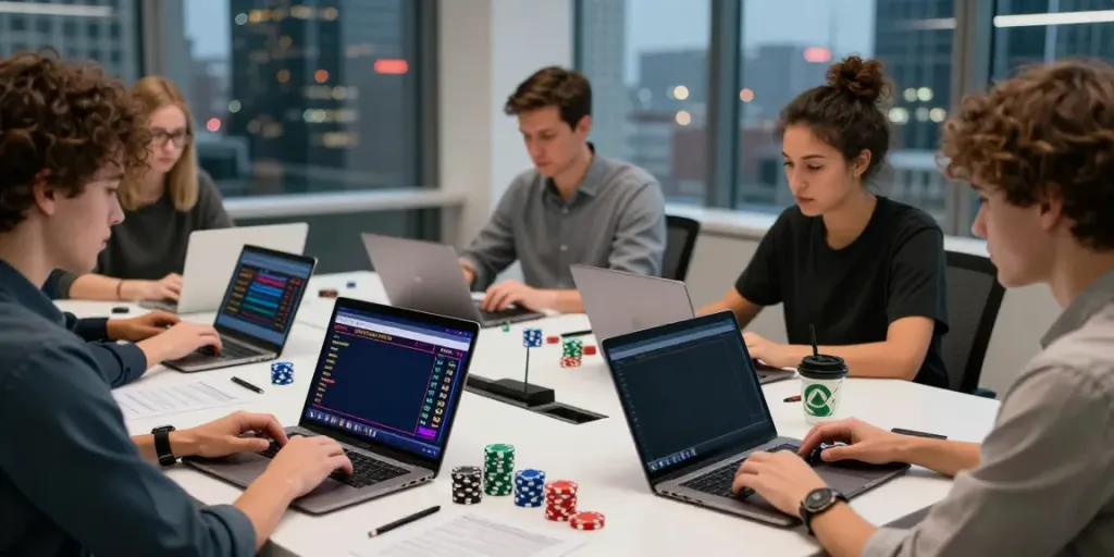 Engaged group using betting sites not on Gamstop in a vibrant setting.