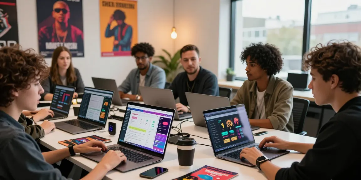 Musicians discussing advertising packages for music promotions in a vibrant workspace