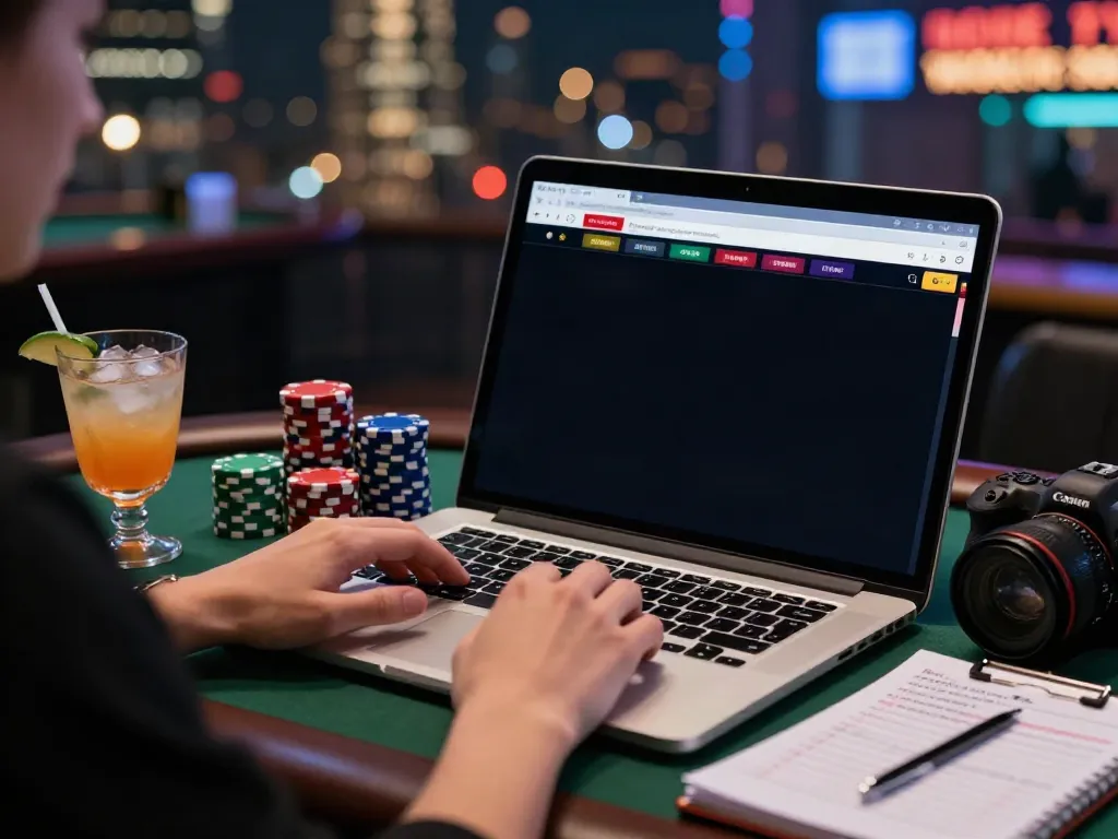 Engaging betting sites not on gamstop displayed on a laptop amidst casino chips and a lively urban backdrop.