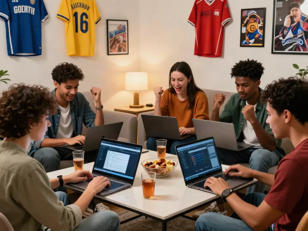 Friends engaging with betting sites not on Gamstop in a cozy living room