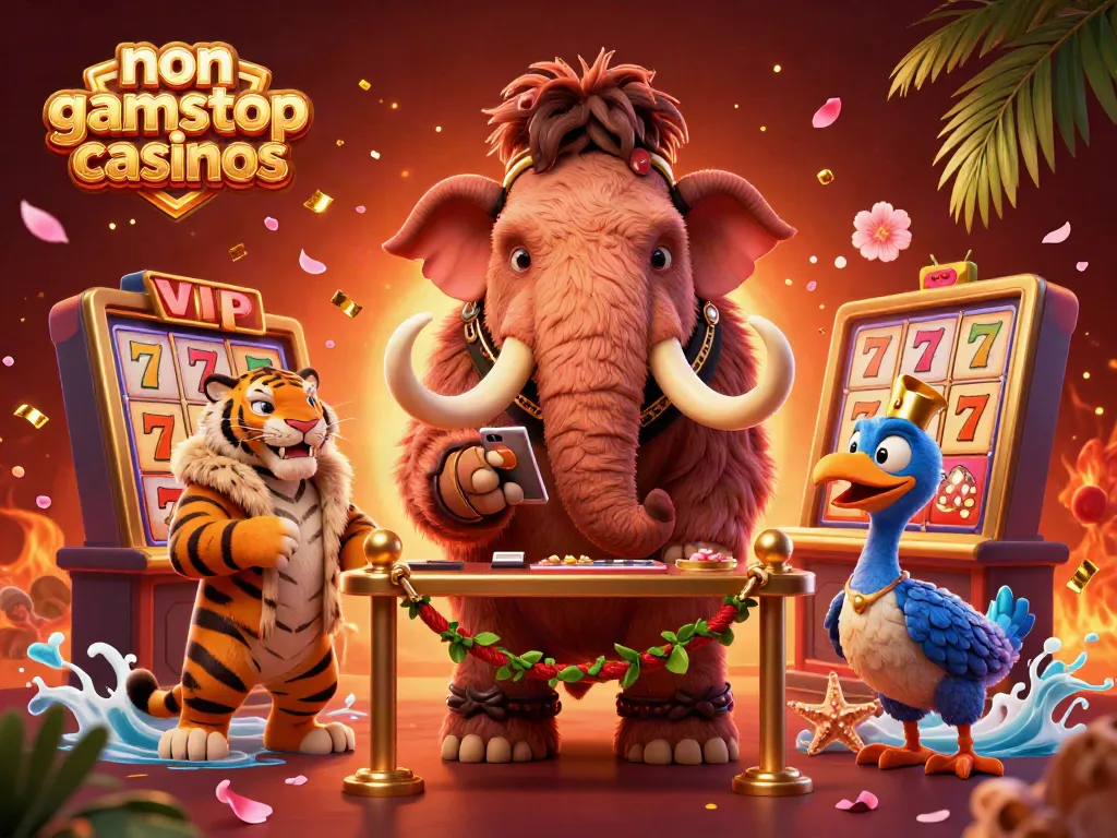 Engage with non gamstop casinos in vibrant 3D illustration featuring exotic characters and dynamic casino elements.