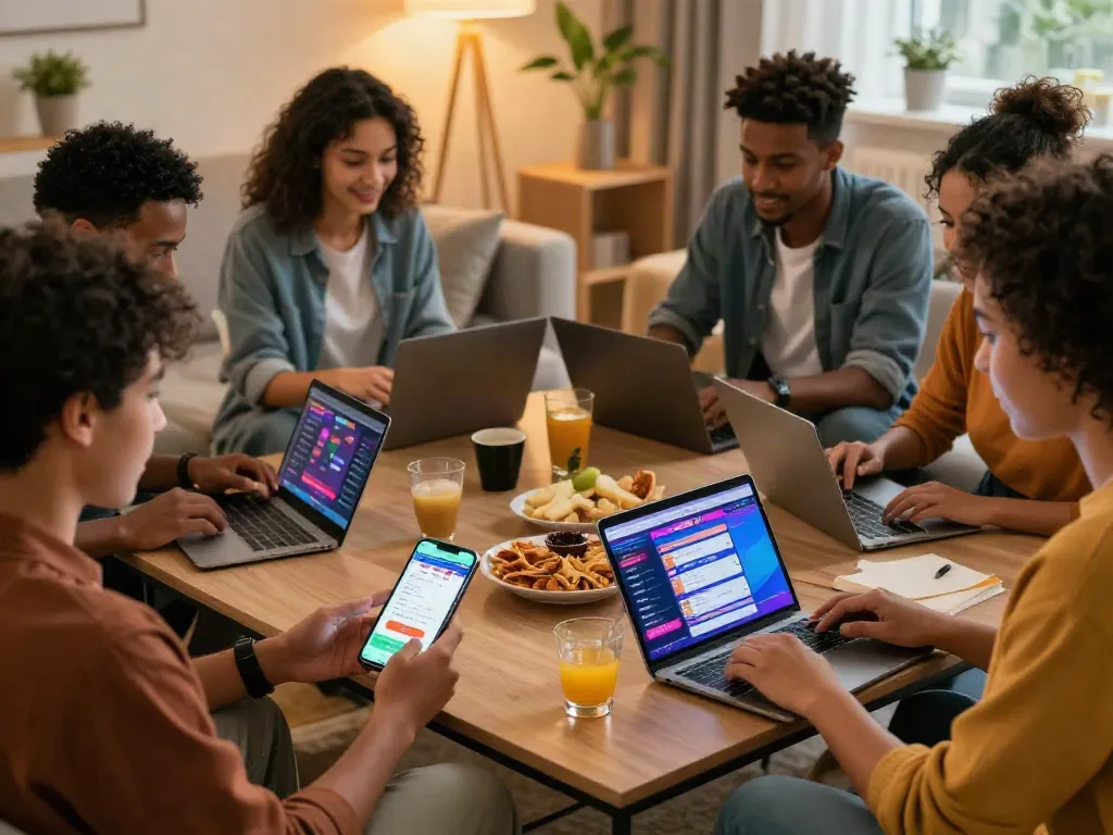 Group enjoying betting sites not on GamStop in a cozy living room.