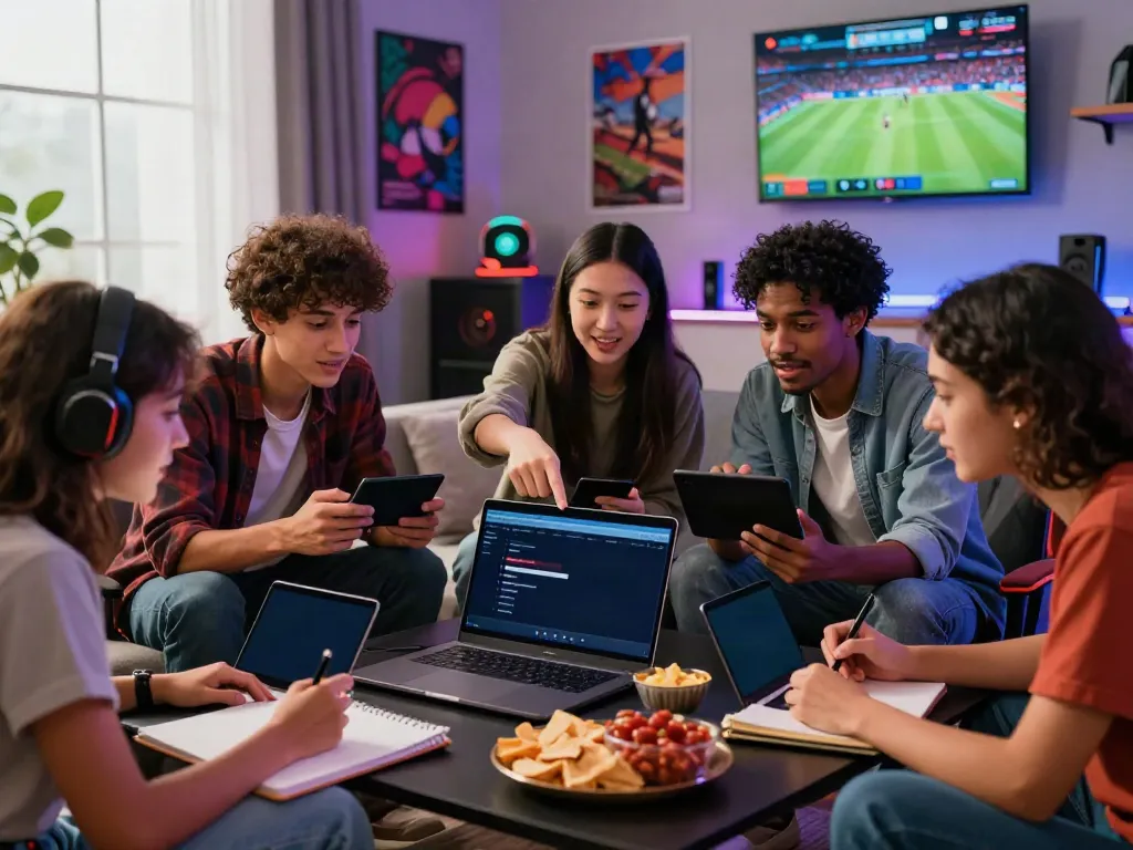 A group of friends exploring betting sites not on GamStop, discussing options enthusiastically.
