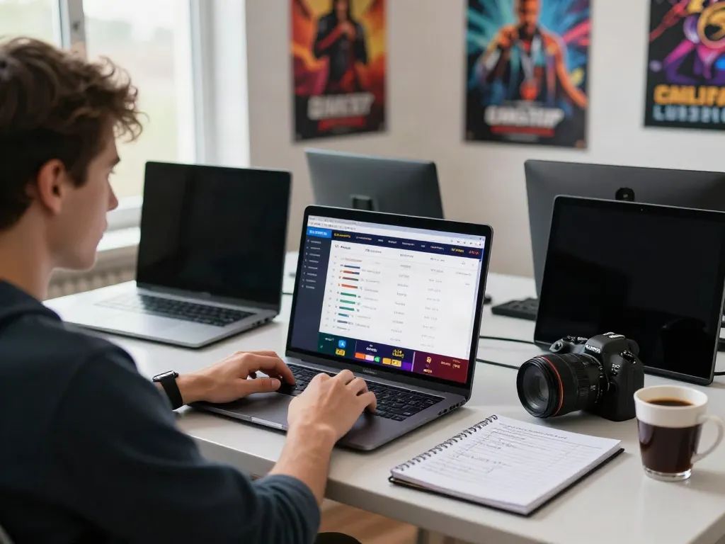 Engaged player exploring betting sites not on Gamstop at modern desk with gaming gear.