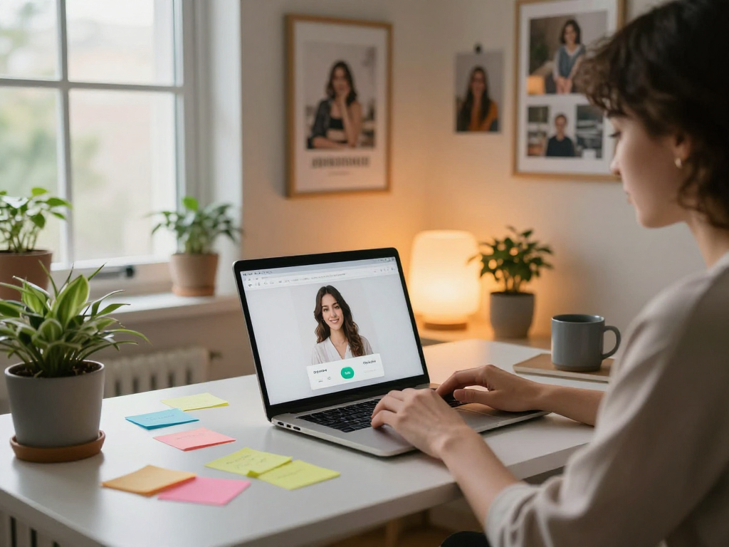 Engaging with an AI girlfriend application in a cozy home office environment.