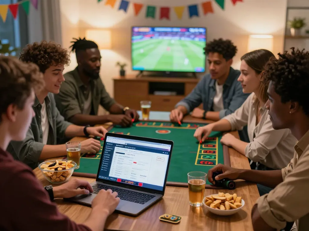 Friends enjoying a home betting night exploring betting sites not on Gamstop.