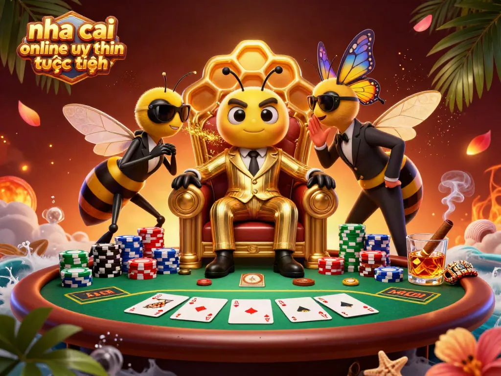 Engage with nha cai online uy tin trực tuyến through a vividly illustrated scene featuring a bumblebee mob boss and gambling elements.