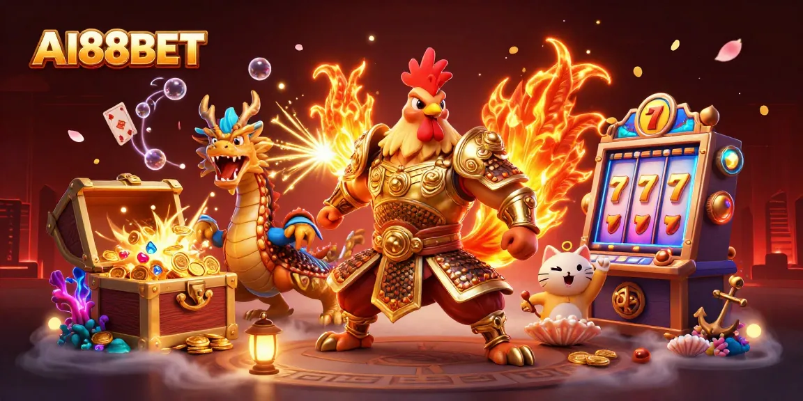 Engage in thrilling gameplay at AI88BET with a dynamic scene of a rooster warrior, dragon hatchling, and treasure.