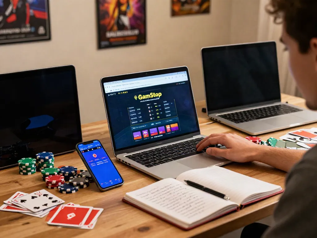 Engaging betting sites not on GamStop scene with a person placing bets online in a cozy home office.