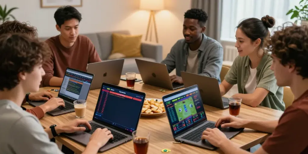 Friends enjoying betting sites not on Gamstop around a modern living room table.