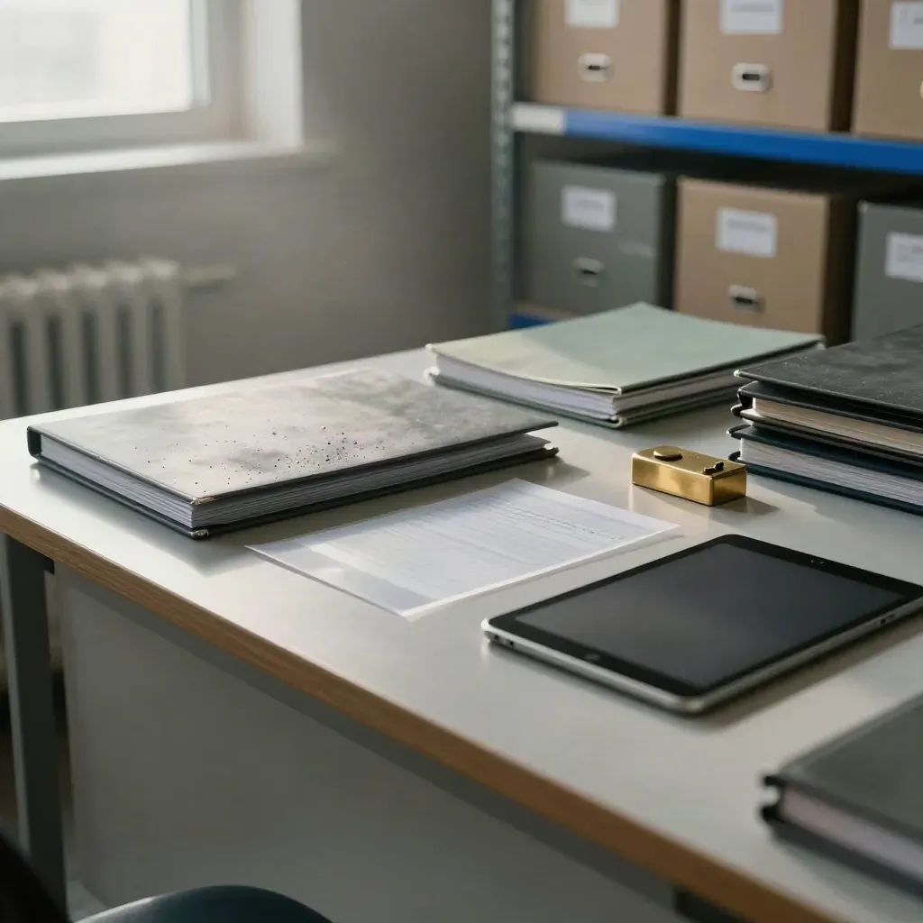 Archive room with research folders, sleeves, binders, a tablet, and brass paperweight in morning haze.