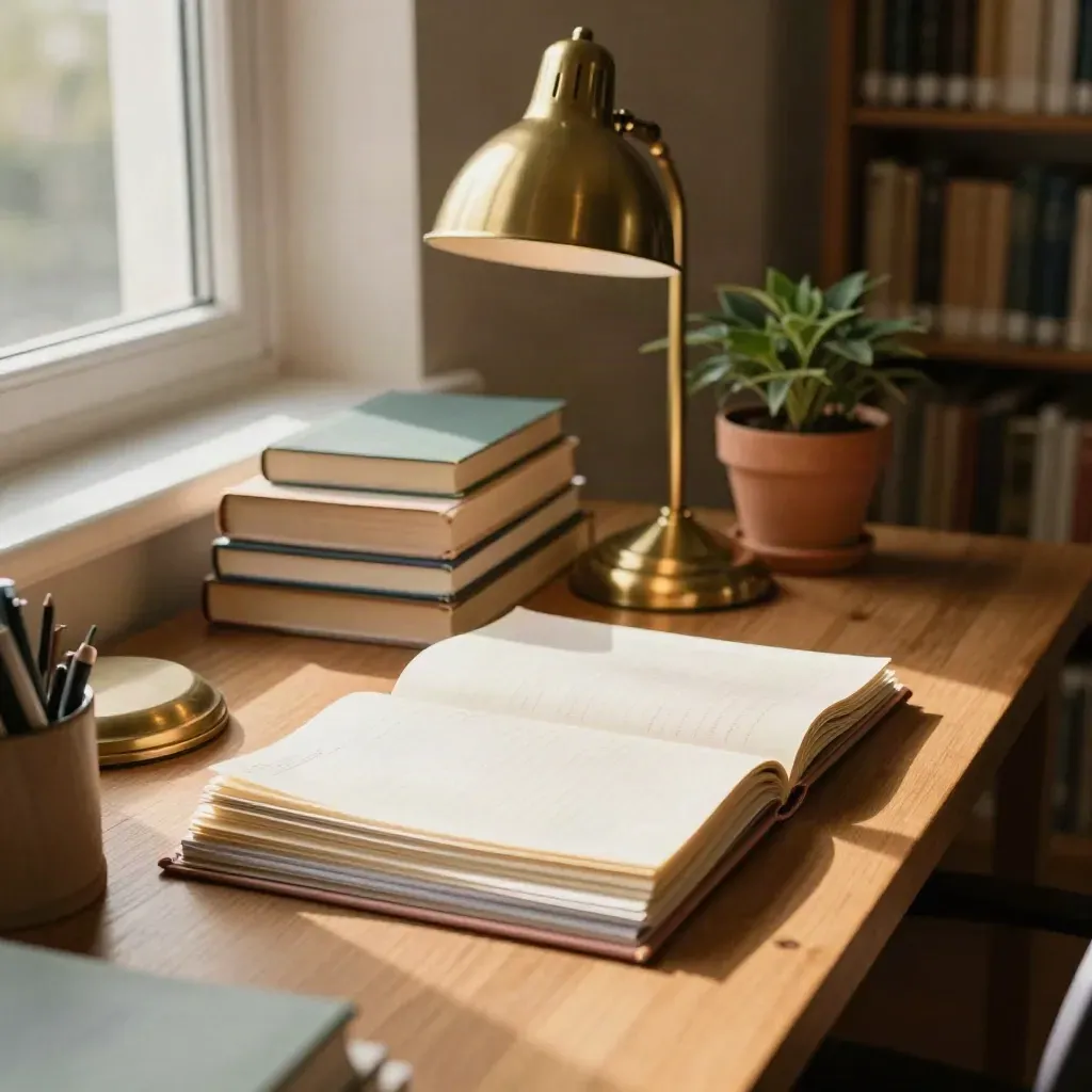 Library desk with books, study cards, brass lamp and potted plant by a dim window.