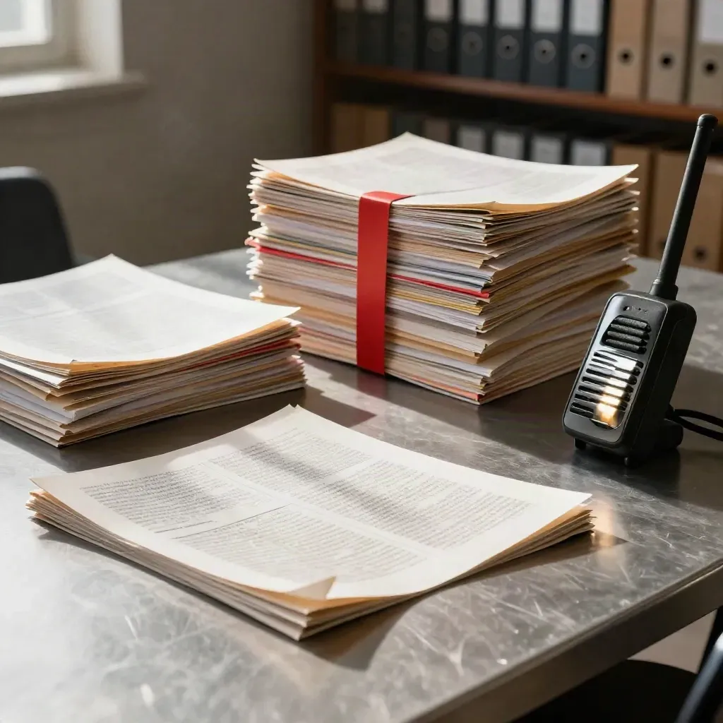 Newsroom table with clippings, file band, and radio receiver in motion