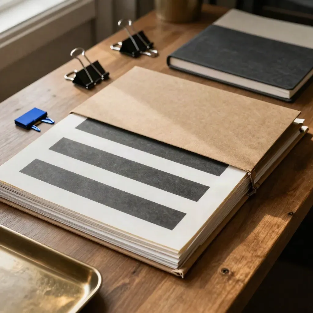 Overhead flat lay of redacted source files, folders and clips on an oak table with a cobalt tab.