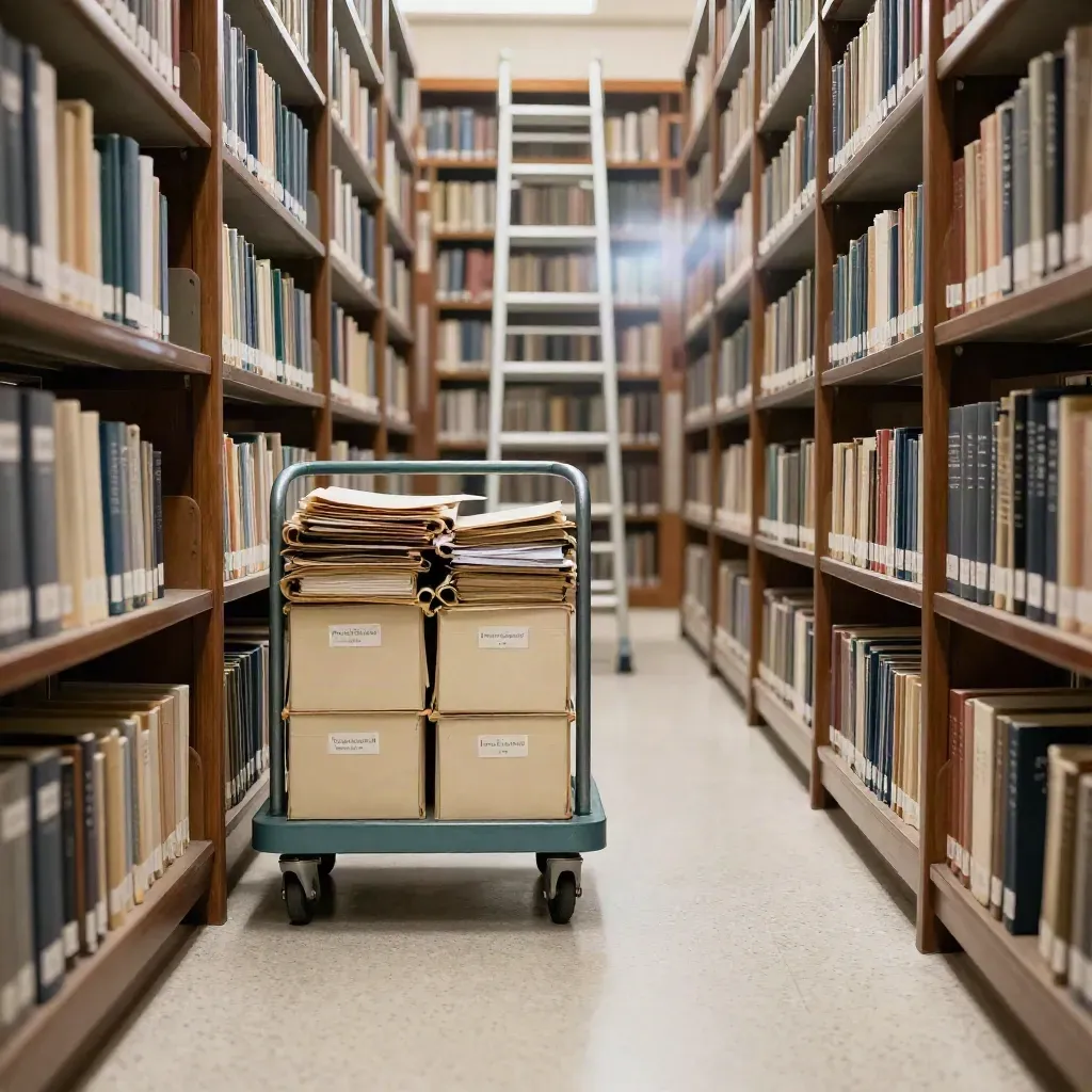 Archive trolley with file boxes rolling between library stacks in moody light.