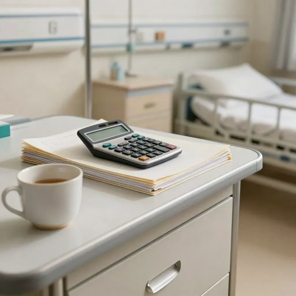 Calculator, face-down folders and tea mug on a hospital side desk by an empty ward corridor.