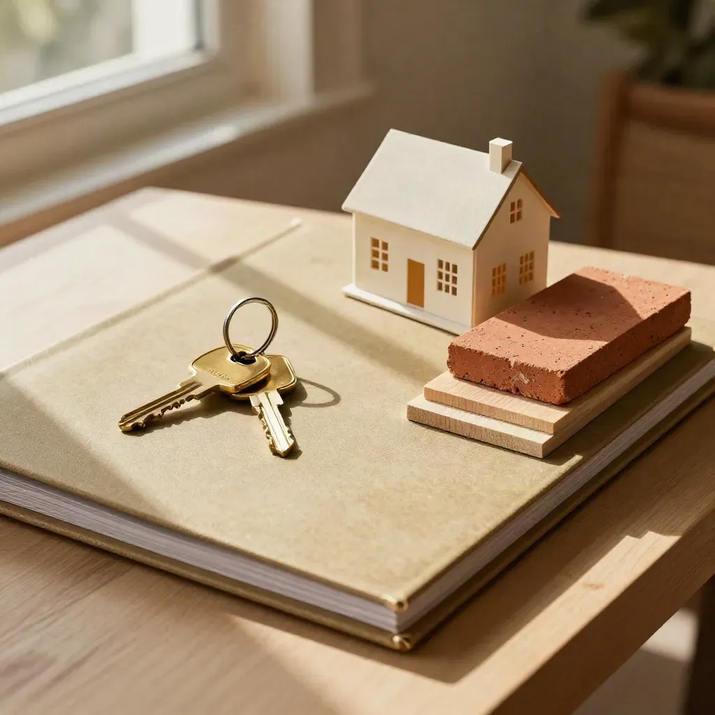 Rental folder, house model, keys and brick sample beside a sunlit window in a warm home-search scene.