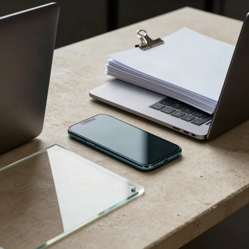 Smartphone, laptop and acrylic sheet in a tense verification setup.