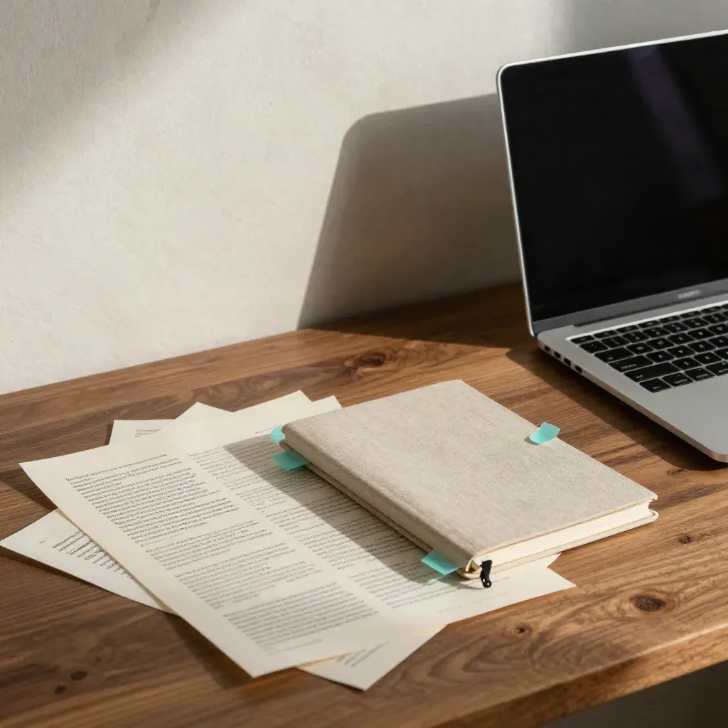 Verification desk with clippings, teal tabs, a closed notebook and an angled-off laptop in warm haze.
