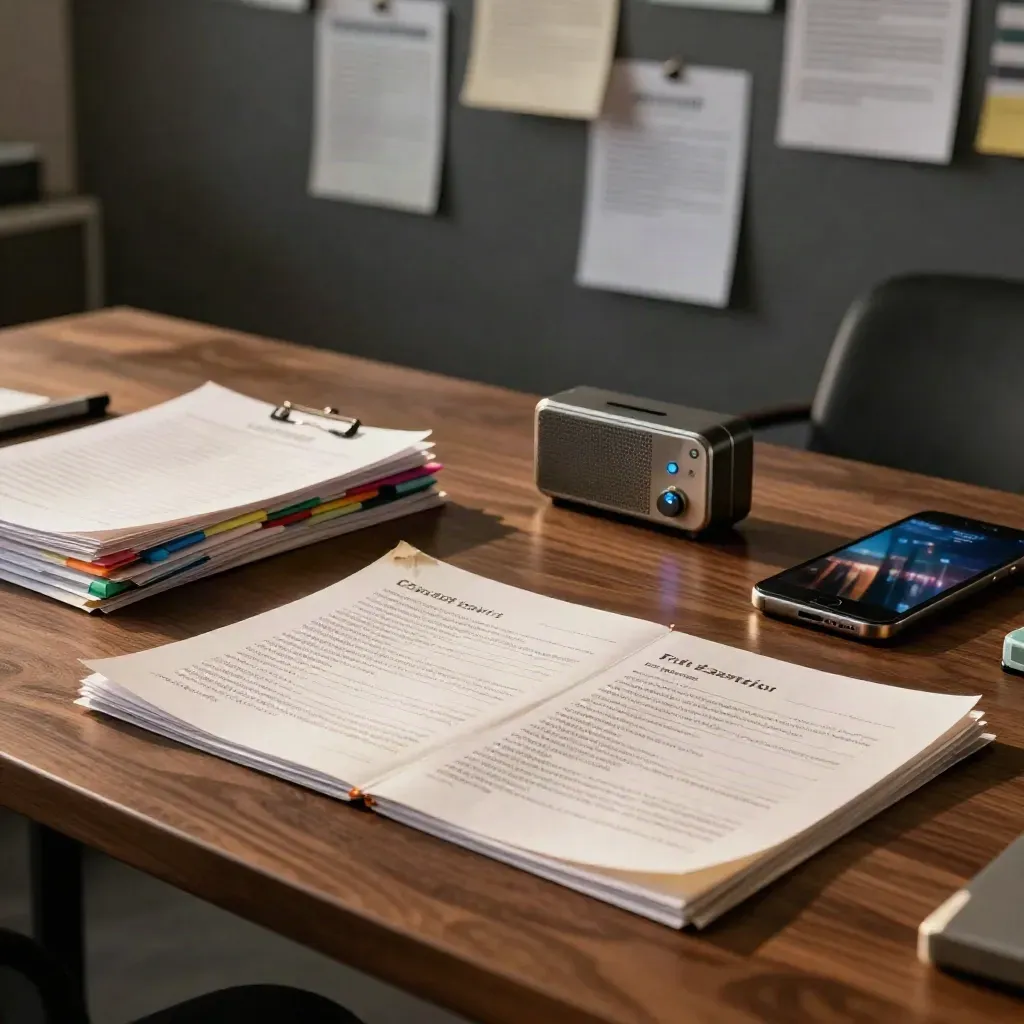 Campaign war-room table with briefing stacks, markers, radio and dark phone screen in warm late-night light