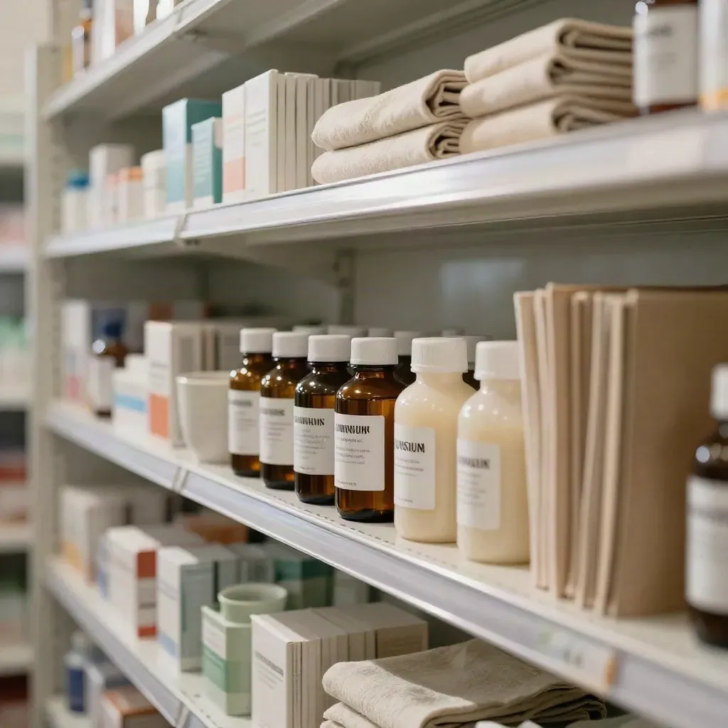 Pharmacy shelf with closed guides, opaque bottles, a ceramic cup and linen beside aligned reference files.