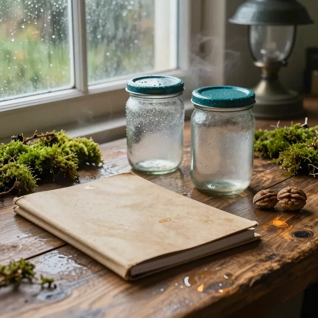 Weathered climate field folders, sample jars, a closed notebook and moss on a rainy table.