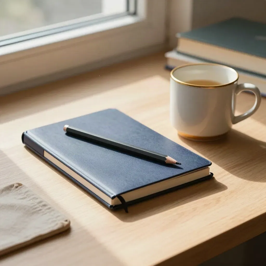 Top-down dorm desk still life with notebook, pencil, and gold-rimmed mug by window light