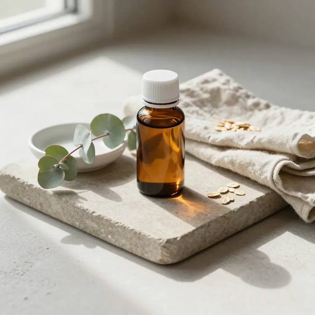 Amber medicine bottle with ceramic dish, eucalyptus and linen on a stone tray, top-down.