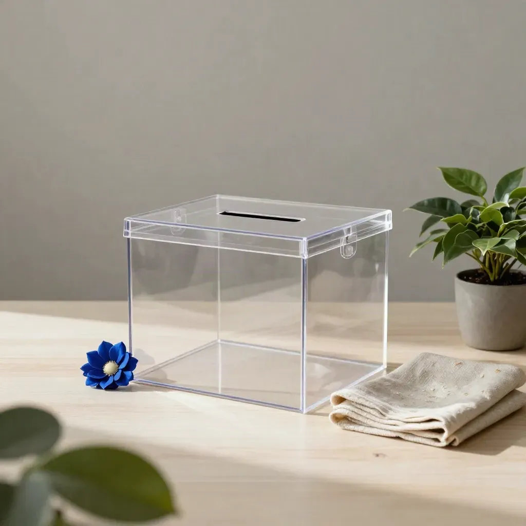Clear ballot box, cobalt rosette, folded cloth and plant on pale wood in soft daylight.