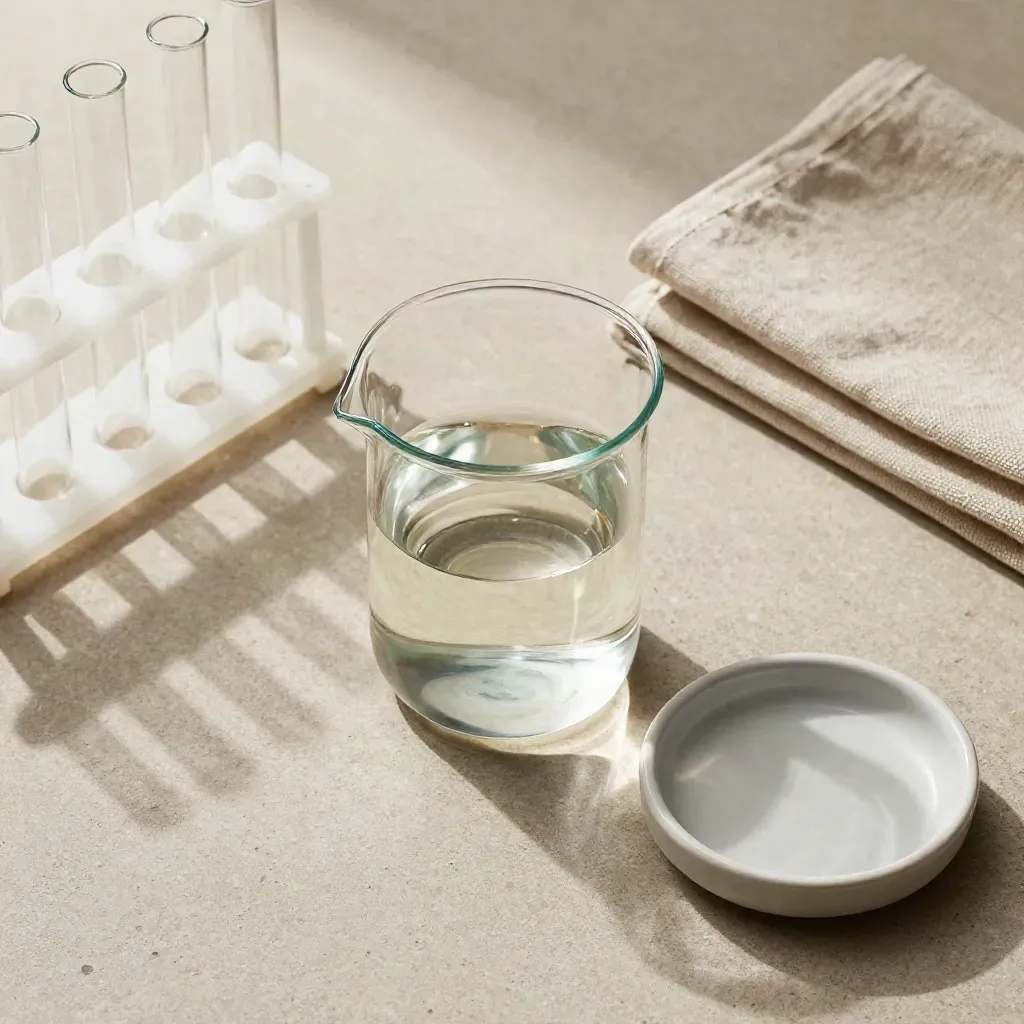 Top-down beaker flatlay with tubes, linen cloth, and ceramic dish on limestone.