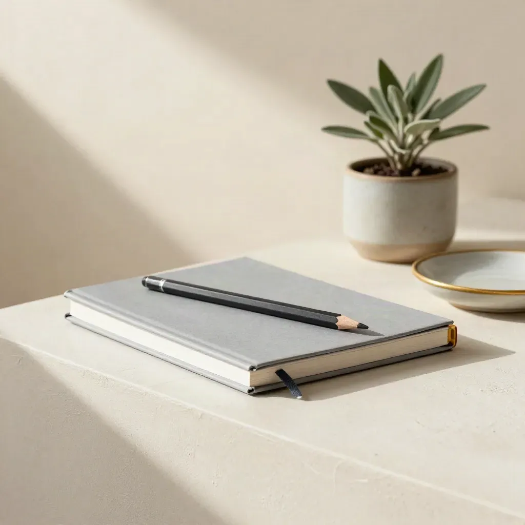 Closed revision notebook with tabs, pencil, plant and ceramic dish on an off-white desk edge.