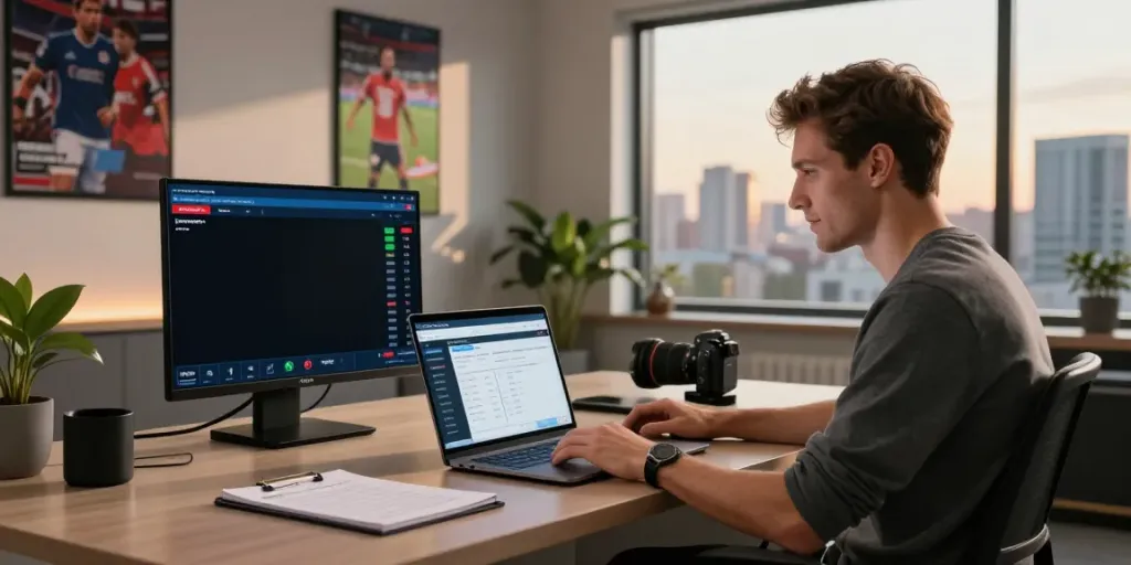 Engaging betting sites not on Gamstop scene with laptop, live sports updates, and a modern desk setup.