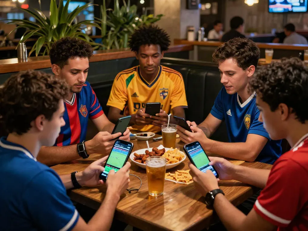 Friends enjoying a lively sports bar while discussing betting sites not on GamStop.