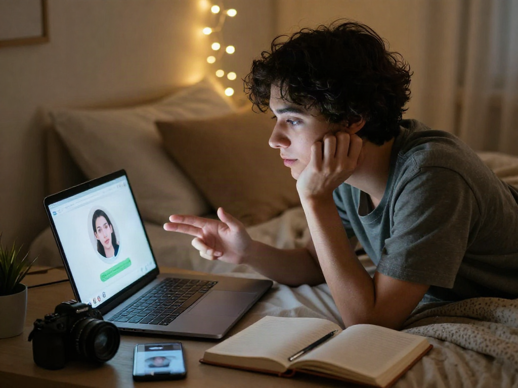 Engaging with sex chat AI in a cozy bedroom setting, illuminated by laptop glow.
