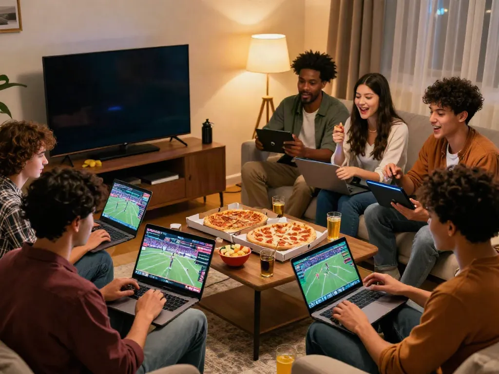 Engaging scene of friends betting on online sports through betting sites not on gamstop in a lively living room.