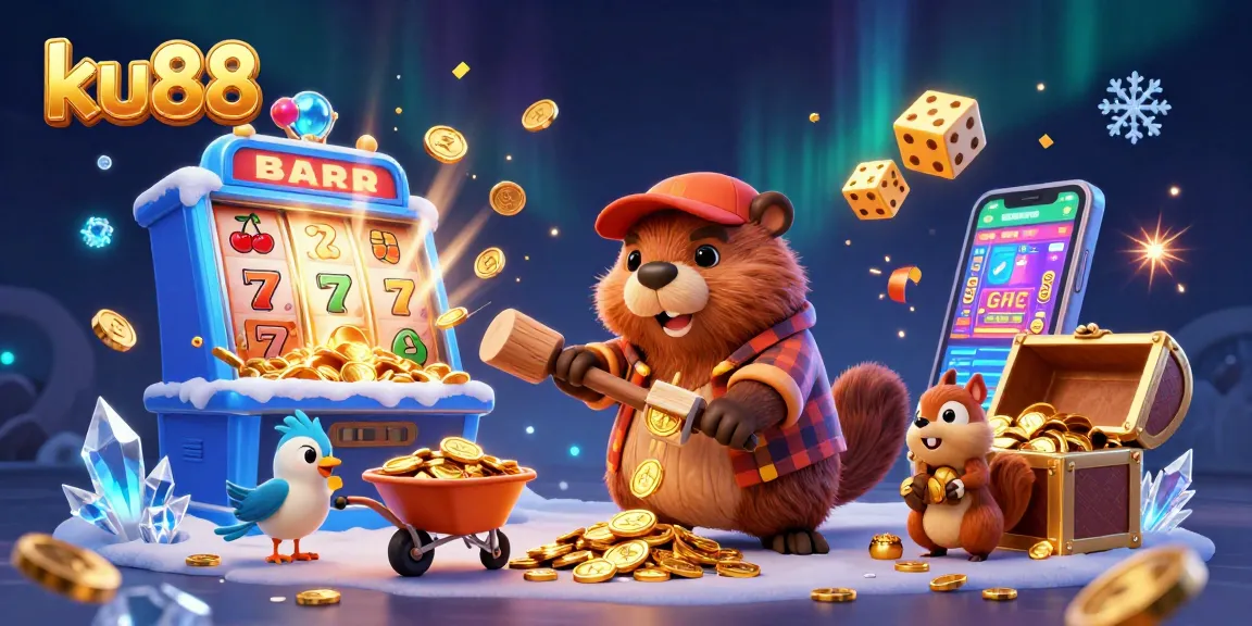 ku88 showcases a lively online casino scene filled with cartoon characters enjoying gaming excitement.