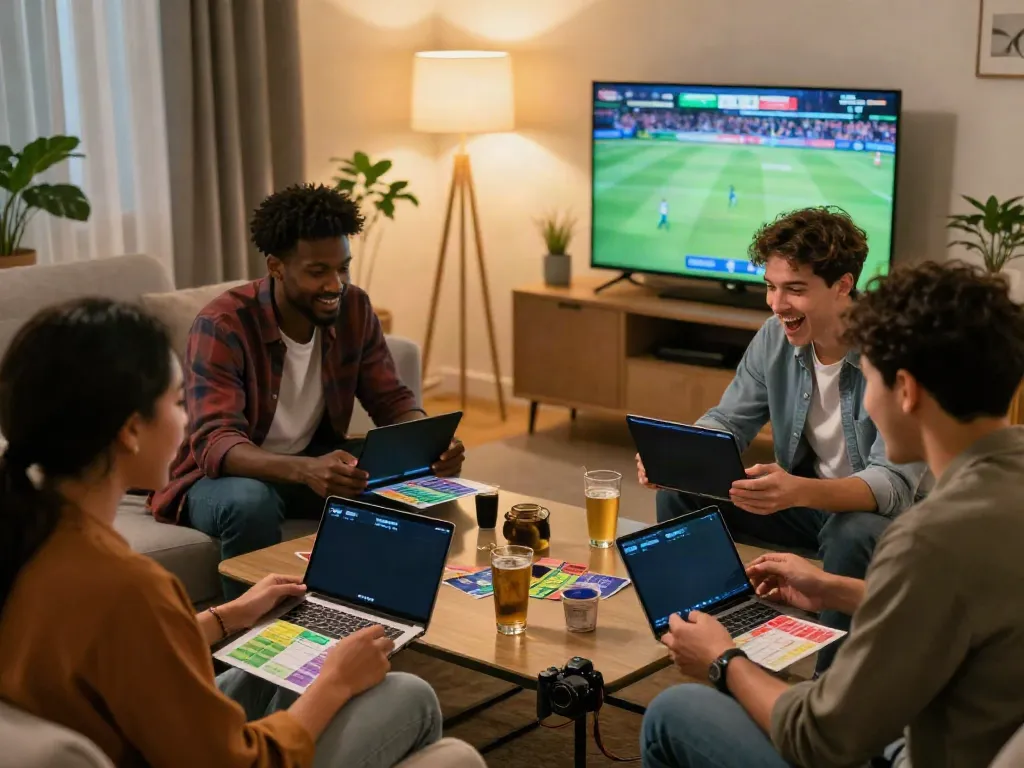 Group of friends enjoying the experience of betting sites not on GamStop while discussing live sports in a cozy living room.
