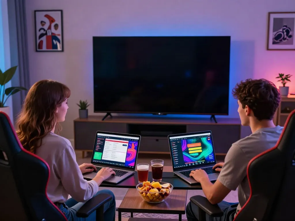 Exciting betting sites not on GamStop scene in modern living room with couple watching sports.