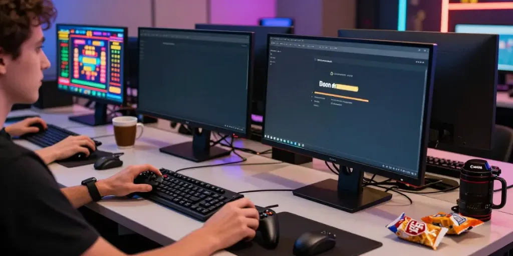 Engaging scene depicting a player enjoying betting sites not on GamStop, with vibrant casino games on multiple screens.
