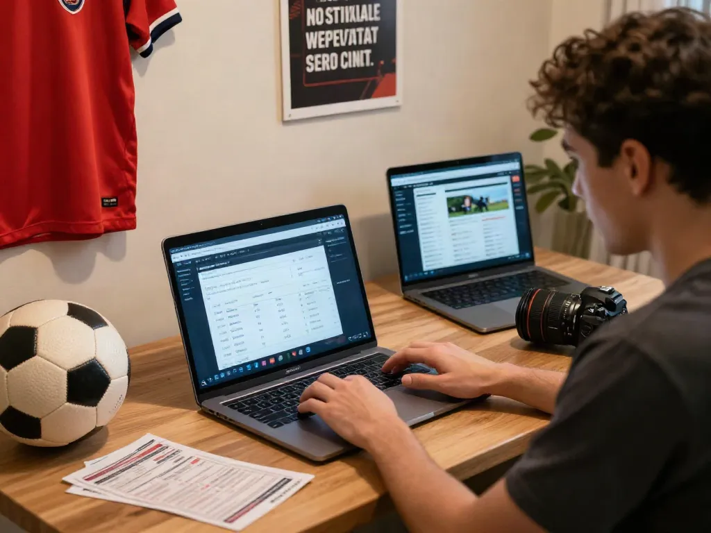 Engaging user at betting sites not on Gamstop in a cozy home office with sports paraphernalia.