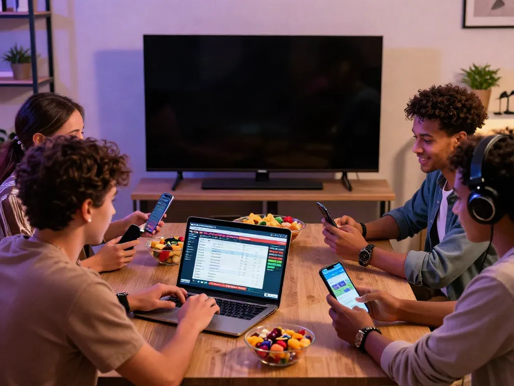 Engaged friends exploring betting sites not on GamStop while watching live sports.