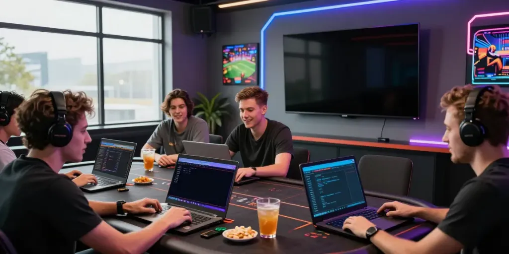 Group of friends enjoying betting sites not on Gamstop with laptops and drinks.