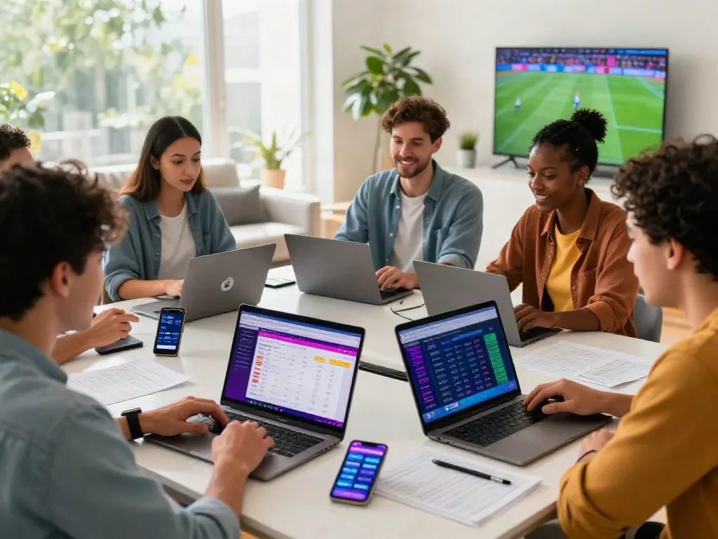 A group discussing betting sites not on GamStop in a modern living room, with laptops and betting apps active.